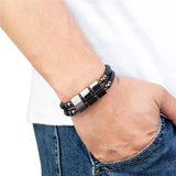 Gallstone Men's Stainless Steel Leather Bracelet