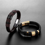 Multi-layer Brown Leather Bracelets Men Stainless Steel Magnetic Clasp