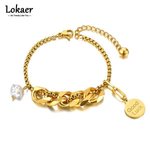 Bohemia Pearl Charm Bracelet Stainless Steel Good Luck Tag Chain