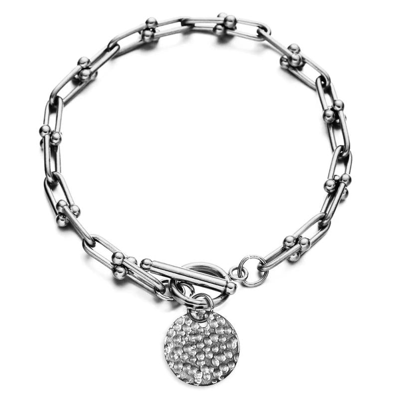 U Chain Toggle Bracelet Stainless Steel Round Disc Charm Bracelet Silver/Gold