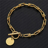 U Chain Toggle Bracelet Stainless Steel Round Disc Charm Bracelet Silver/Gold