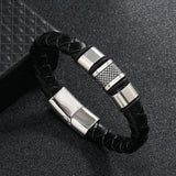 Men's Braid Leather Magnetic Buckle Bracelet Stainless Steel Rope