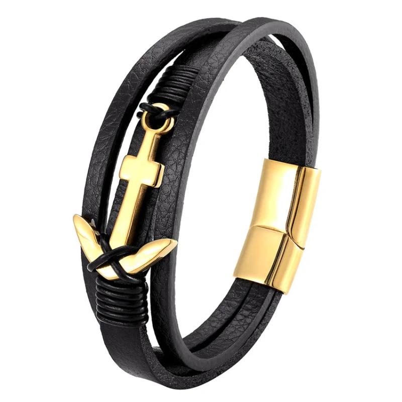 Wild Braided Rope Steel Leather Bracelet Men Magnetic Anchor Bangle