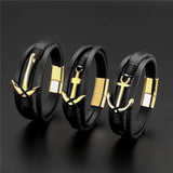 Wild Braided Rope Steel Leather Bracelet Men Magnetic Anchor Bangle