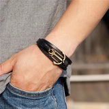 Wild Braided Rope Steel Leather Bracelet Men Magnetic Anchor Bangle