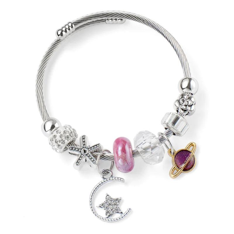 Women's Stainless Steel Crystal Planet Moon Star Charm Bracelet