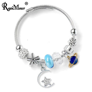 Women's Stainless Steel Crystal Planet Moon Star Charm Bracelet
