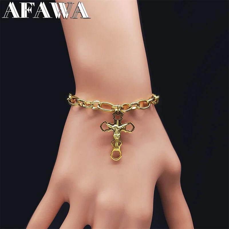 Stainless Steel Jesus Cross Bracelet Women Religion Jewelry