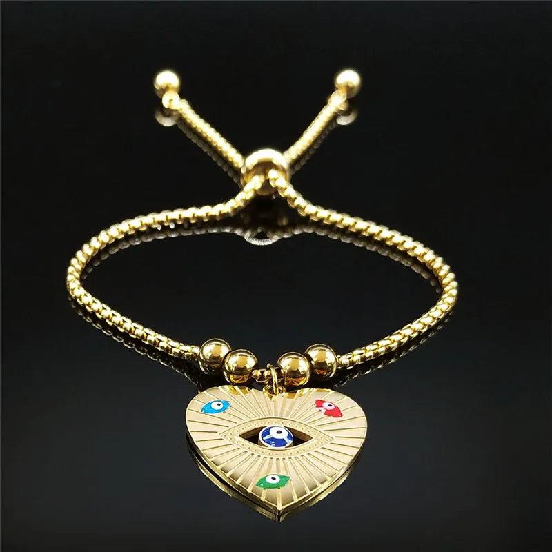 Stainless Steel Turkey Eye Heart Charm Bracelet Women/Kids