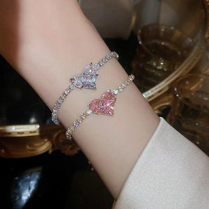 Pink Heart Zircon Tennis Bracelet Adjustable Crystal CZ Stone Jewelry