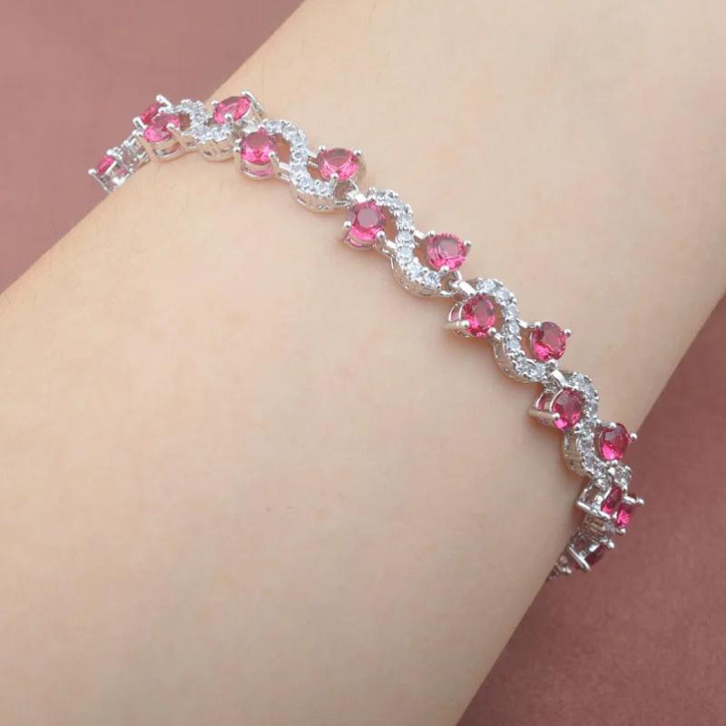 Rose Red Crystal Bracelet Women CZ Silver Bangle 7-8 inc