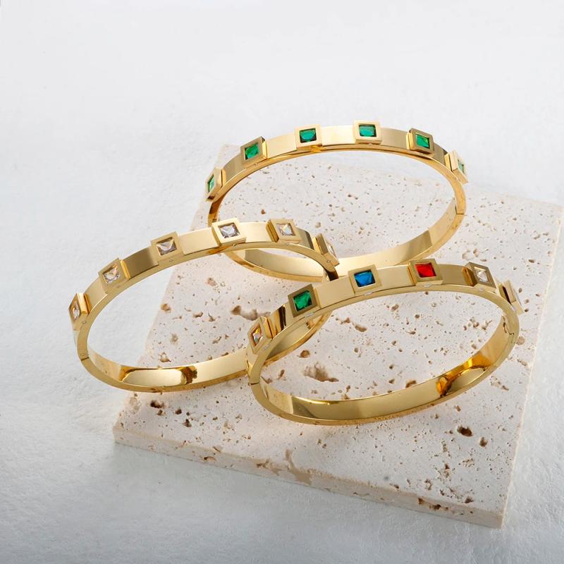 Stainless Steel Crystal Bracelet Colorful CZ Zircon Bangle For Women
