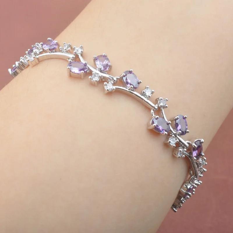 Purple Crystal Link Chain Bracelet For Women Zirconia Bangle