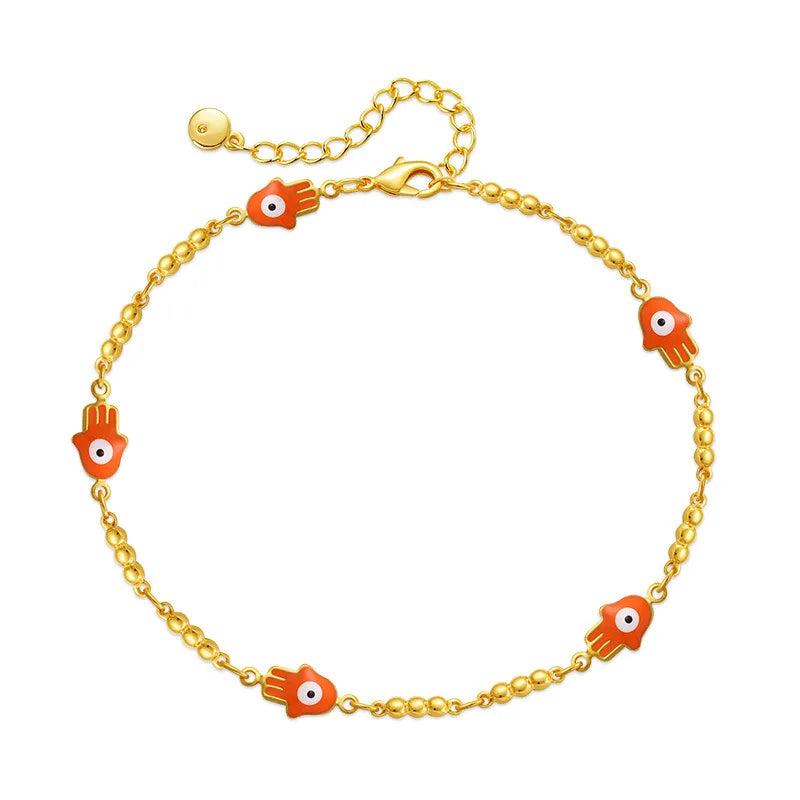 Golden Fatima Hand Bracelet with Eye Beaded Link