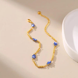 Golden Fatima Hand Bracelet with Eye Beaded Link