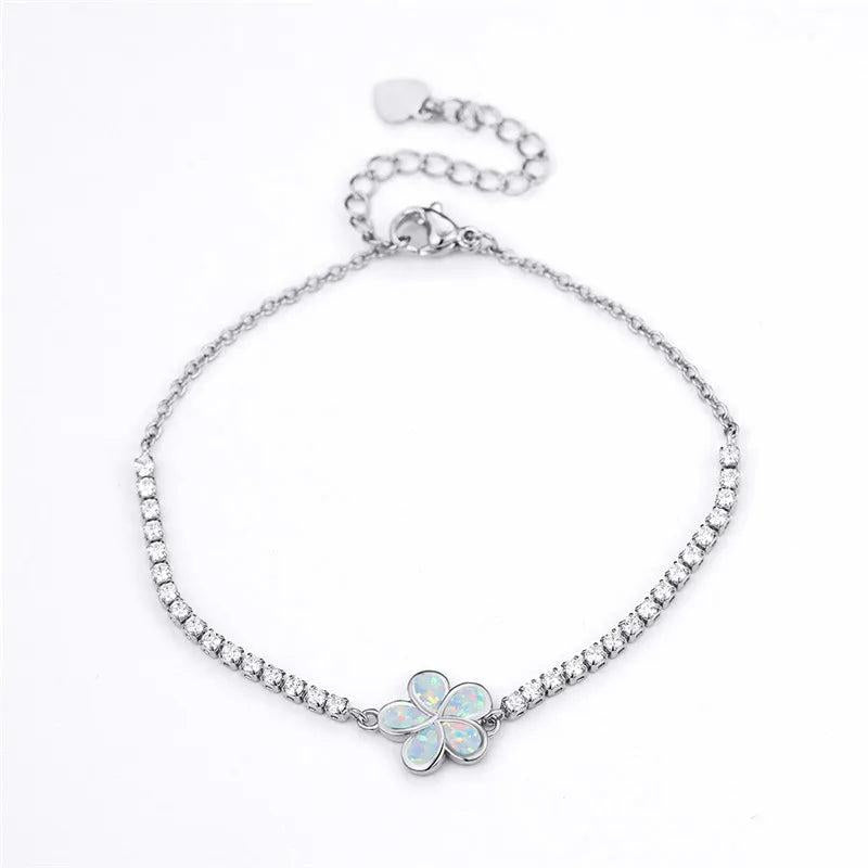 Fire Opal Flower Bracelet Zircon Round Stone Dainty Silver Chain