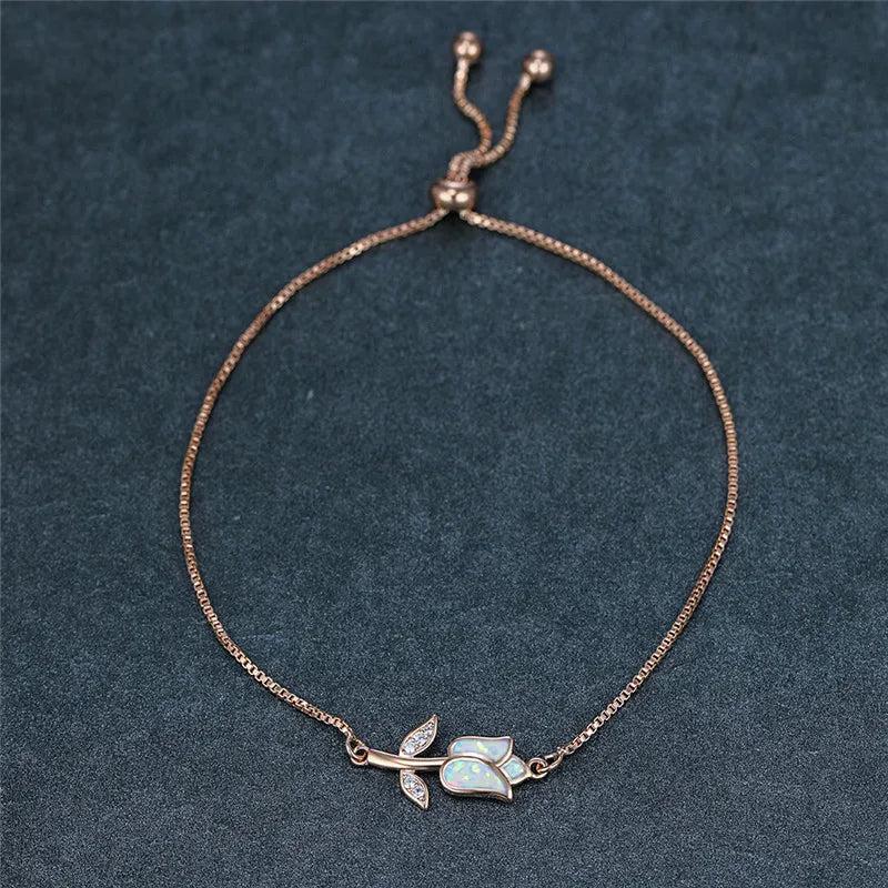 Fire Opal Stone Bracelet Romantic Rose Flower Chain Wedding Bracelet