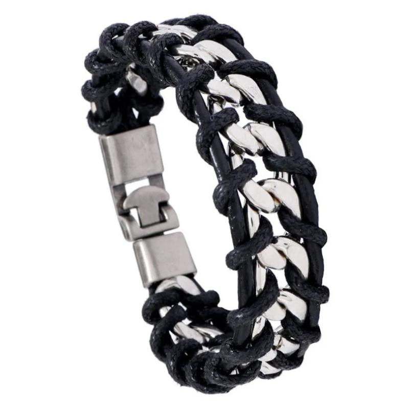 Punk Weave Leather Cuff Bracelet Alloy Braided Chain Charm Wrap Bangle