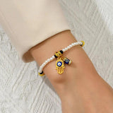 Boho Pearl Hand Bracelet with Evil Eye Beads