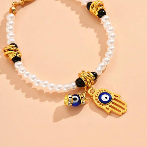 Boho Pearl Hand Bracelet with Evil Eye Beads