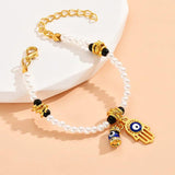 Boho Pearl Hand Bracelet with Evil Eye Beads
