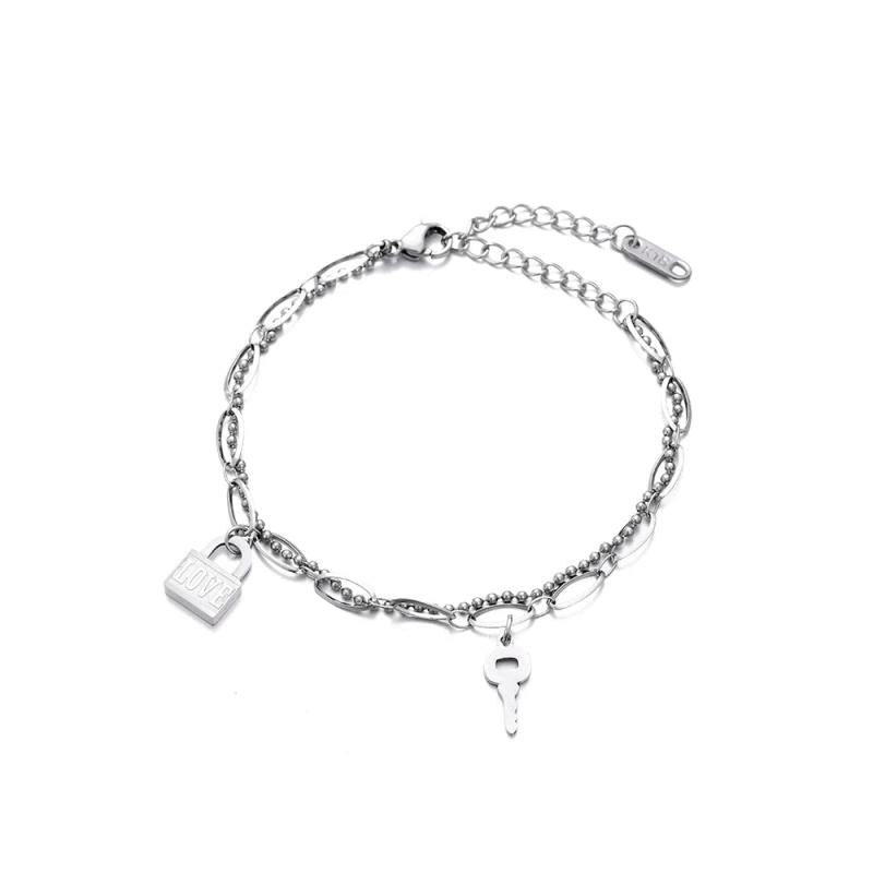 Bohemian 2 Layered Chain Bracelets Stainless Steel Lock Key Charm Bangles