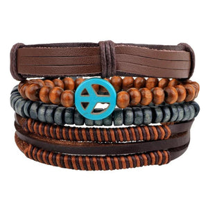 4pcs Peace Symbol Leather Bracelet Beaded Bangles