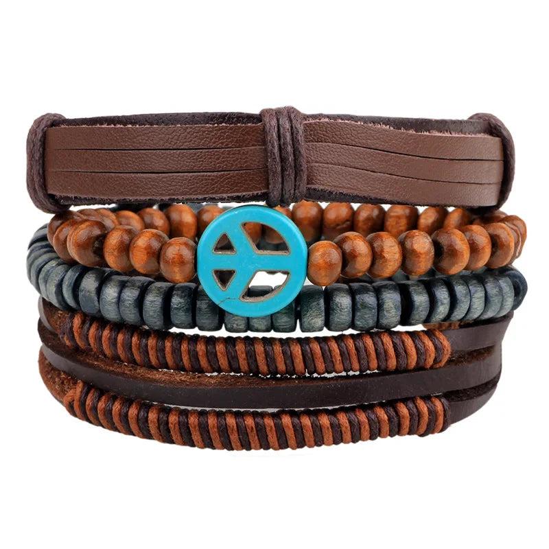 4pcs Peace Symbol Leather Bracelet Beaded Bangles