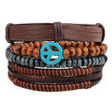 4pcs Peace Symbol Leather Bracelet Beaded Bangles