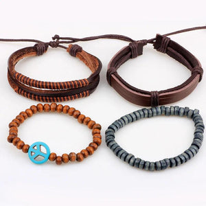 4pcs Peace Symbol Leather Bracelet Beaded Bangles