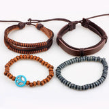 4pcs Peace Symbol Leather Bracelet Beaded Bangles