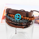 4pcs Peace Symbol Leather Bracelet Beaded Bangles