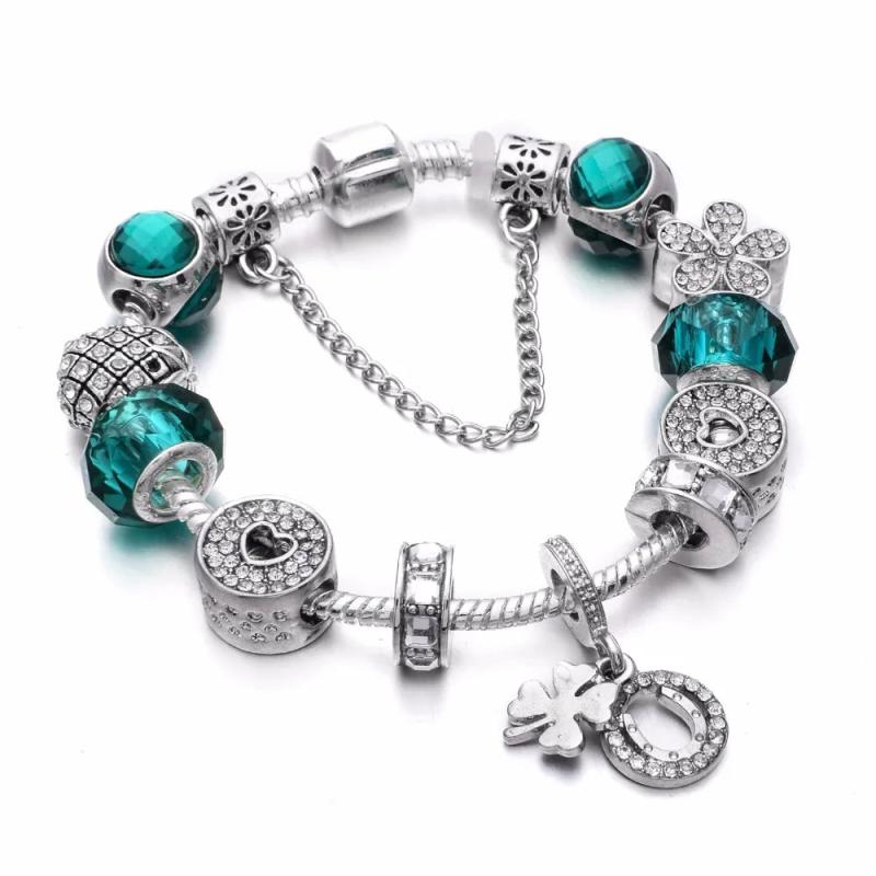 Vintage Silver Charm Bracelet with Love Crystal Beads & Pendant