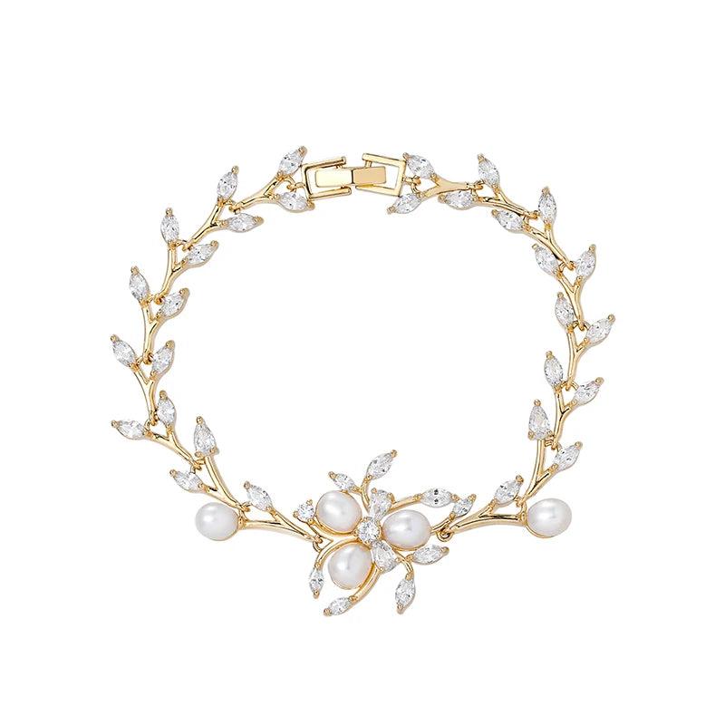 Plant Shape Bridal Bracelet with CZ and Pearl
