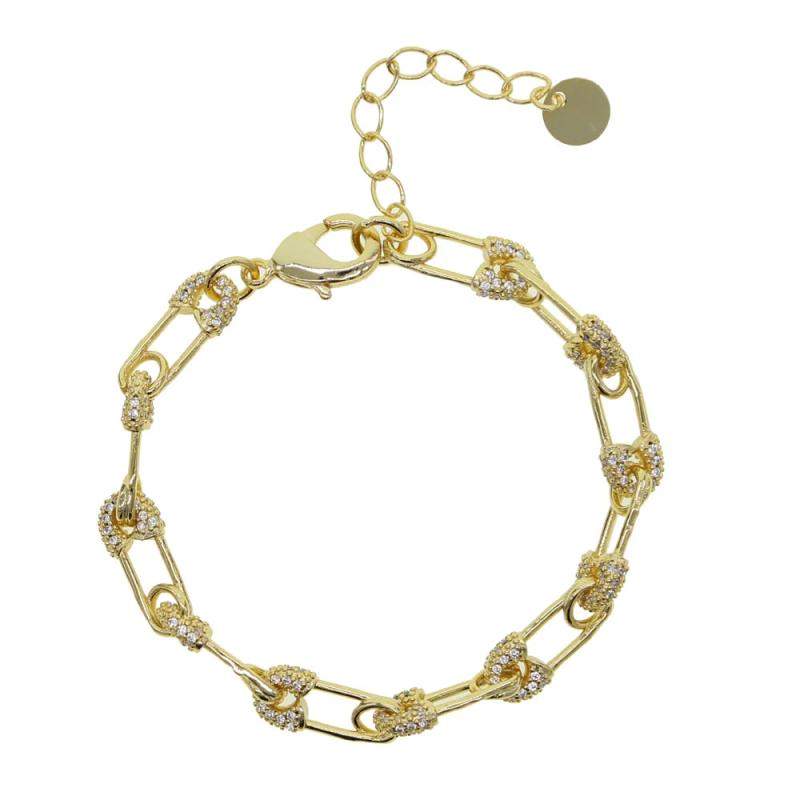 5A Sparkling CZ Safety Pin Link Chain Bracelet for Women