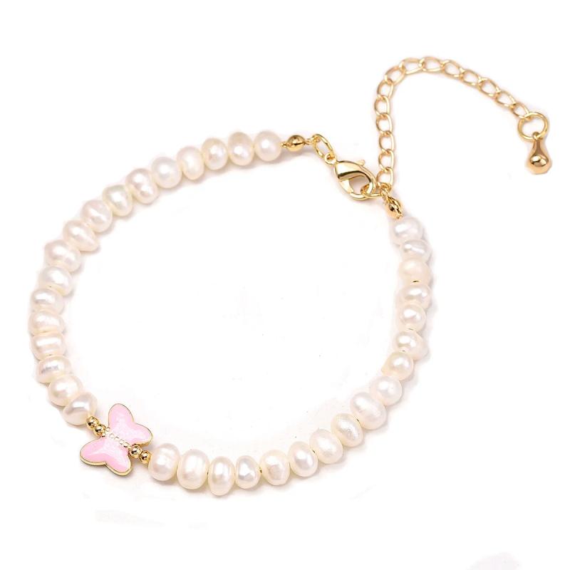 5mm Freshwater Pearl Bracelet with Butterfly Charm, 18k Plated Copper Chain