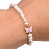 5mm Freshwater Pearl Bracelet with Butterfly Charm, 18k Plated Copper Chain