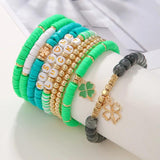 Green Clover Clay Bracelet Lot Woman Boho Round Letter Beaded Bracelet