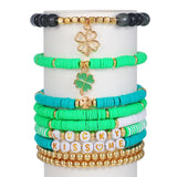 Green Clover Clay Bracelet Lot Woman Boho Round Letter Beaded Bracelet