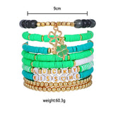Green Clover Clay Bracelet Lot Woman Boho Round Letter Beaded Bracelet