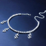 Silver Plated Dollar Sign Ankle Bling Full Rhinestone Crystal Tennis Chain Brace