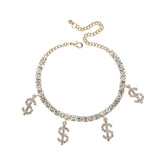 Silver Plated Dollar Sign Ankle Bling Full Rhinestone Crystal Tennis Chain Brace