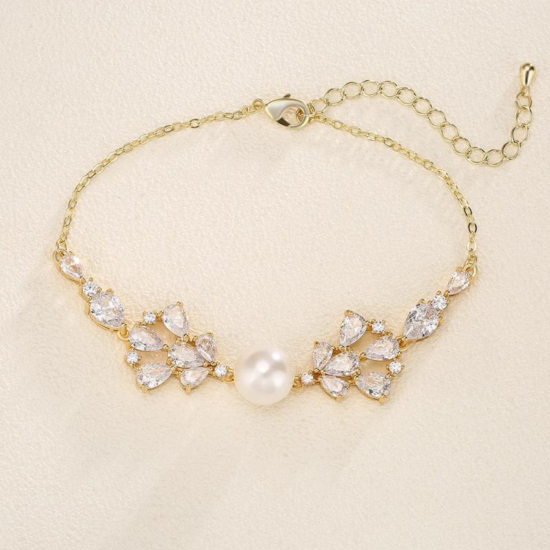 CZ Leaf Pattern Pearl Bracelet Wedding Jewelry