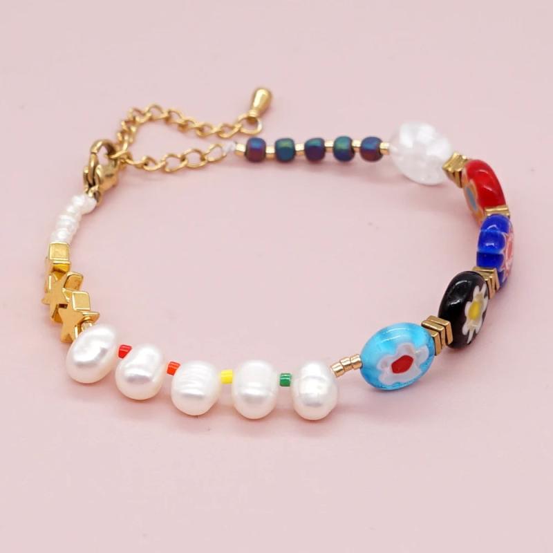 Real Stone Pattern Bracelet Stainless Steel Chain Freshwater Pearl Bracelets