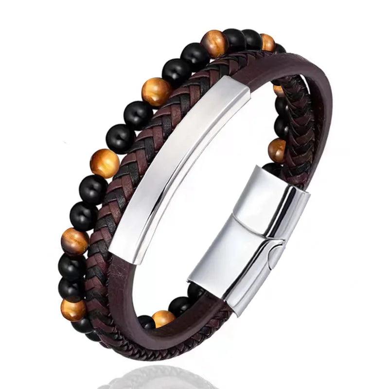 Men's Natural Beadseads Hand-Woven Bracelet - Titanium Steel Leather Rope Chain