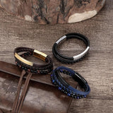 Men's Natural Beadseads Hand-Woven Bracelet - Titanium Steel Leather Rope Chain