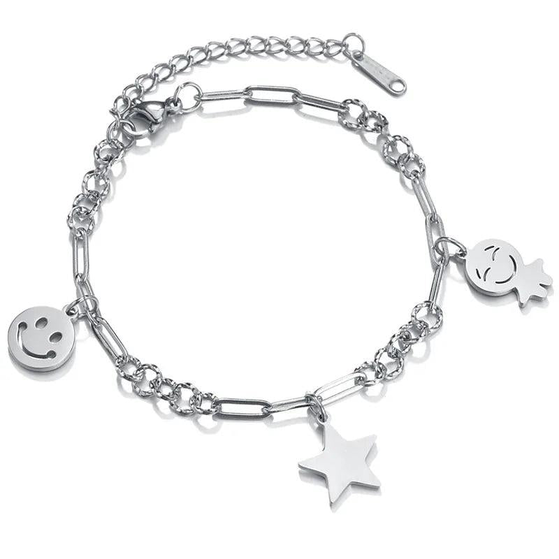 Smiley Stars Charms Link Bracelet Titanium Steel Chain Jewelry