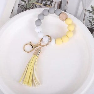 Silicone Beaded Bracelet Tassel Key Ring Wooden Bead Bracelet