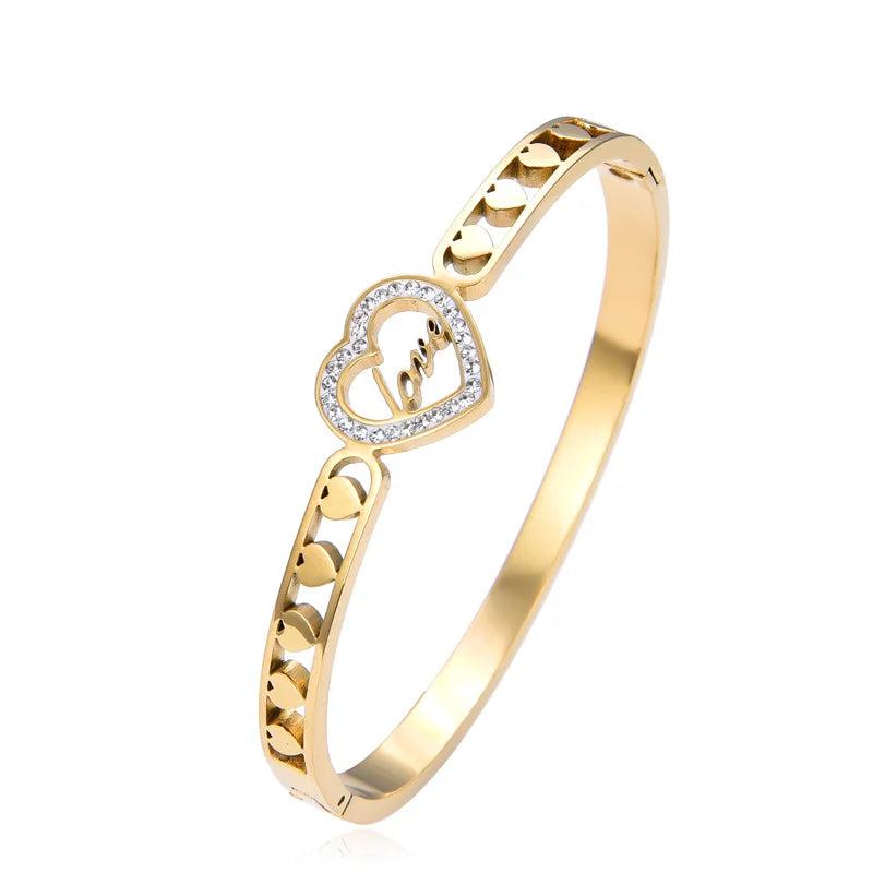 Crystal Heart Charms Cuff Love Bracelet Bangles Stainless Steel