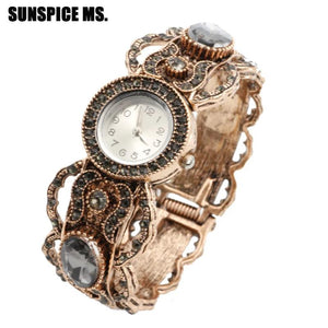 Vintage Gray Crystal Bangle Watch Women Cuff Bracelet Wedding Bijoux